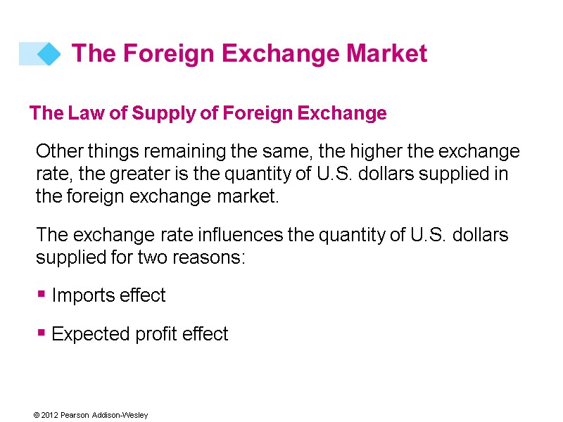 The Law of Supply of Foreign Exchange Other things remaining the same, the higher